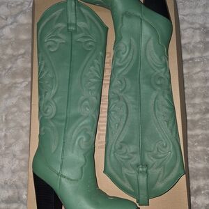 Steve Madden Green Western Embroidered Knee-High Heeled Boots